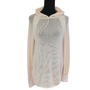 CAbi Cream Mesh Knit Hooded Sweater Size Small EUC